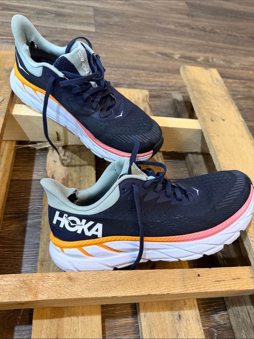 Hoka Women's Navy Blue with Pink & Orange Accent Running Shoes